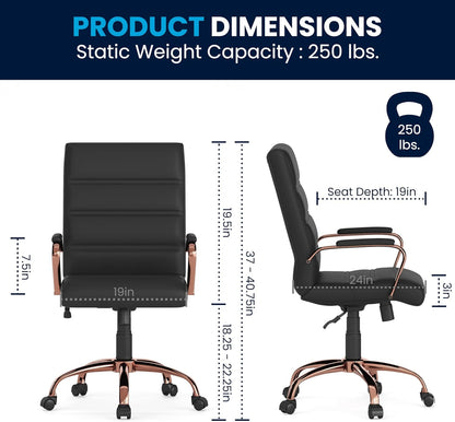 Flash Furniture Whitney Mid-Back Swivel LeatherSoft Desk Chair with Padded Seat and Armrests, Adjustable Height Padded LeatherSoft Office Chair, Black/Rose Gold