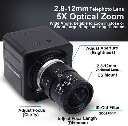 SVPRO 2.8-12mm Manual Zoom Lens 1080P Full HD Webcam Wide Angle Portable PC Computer USB Camera for Streaming with CMOS OV2710 Sensor for Windows,Android,Linux, MAC OS,1/4 Inches Screw Mount