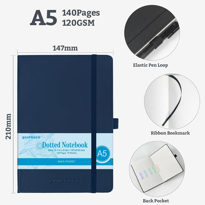 2Pack Bullet Dotted Hardcover Journal Notebook, A5 140 Pages 120Gsm Thick Paper for School,Note Taking,Work,Diary，5.7"*8.3",Navy