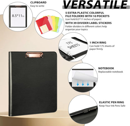 Leather Clipboard with Storage, Zippered Padfolio Portfolio Organizer, 3 Ring Binder 1 Inch, Notepad, Tablet Sleeve, 5 Dividers with Pocket, Stickets for Office, Nurses, Students, Teachers Black