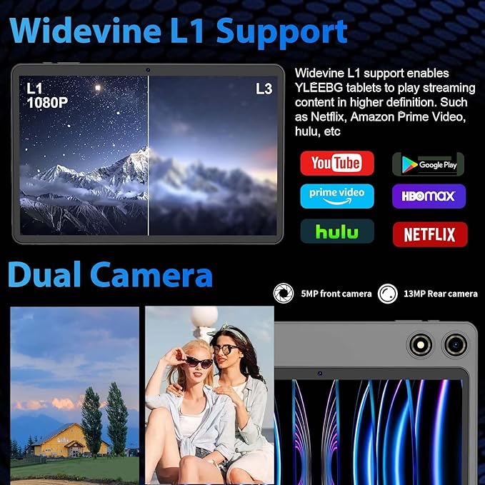 10 Inch Android 15 Tablet with Keyboard, 26GB RAM+256GB ROM(2TB Expand), 2-in-1 Tablet with 8000mAh Battery, 2.4G/5G WiFi, Widevine L1, Dual Camera, Split Screen, Mouse, Stylus, Case(Black Case)