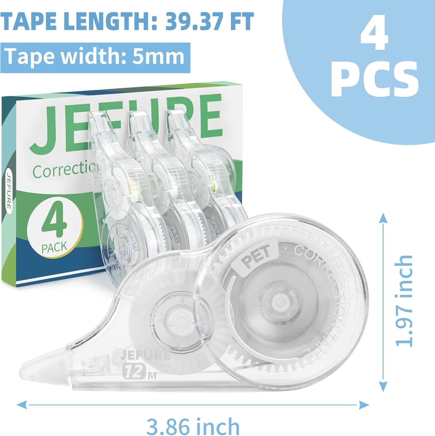 4 Pcs Correction Tape, 39.4 Ft White Wrong Out Tear-Resistant Bulk, Instant Corrections Easy To Use Applicator for School, Office, Note Taking, Journal (Tape Width 0.2 in, Clear)