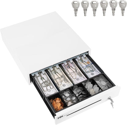 HK SYSTEMS 13inch Heavy Duty POS Cash Drawer with 4Bill/5Coin, Removable Coin Compartment, 24V, RJ11, Single Large Media Slot, White
