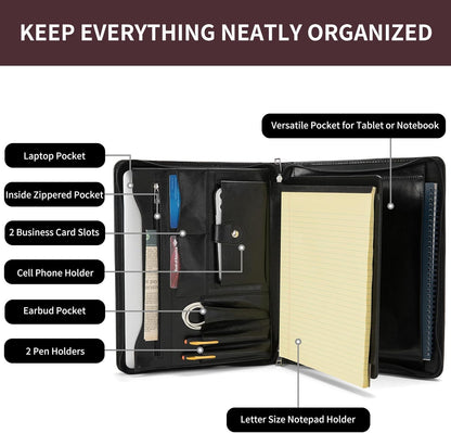 Personalized Vegan Leather Portfolio with Front Pocket for Men Women, Custom 8.5 x 11 Legal Pad Notepad Holder, Zippered Business Organizer, Professional Work Folder, Black