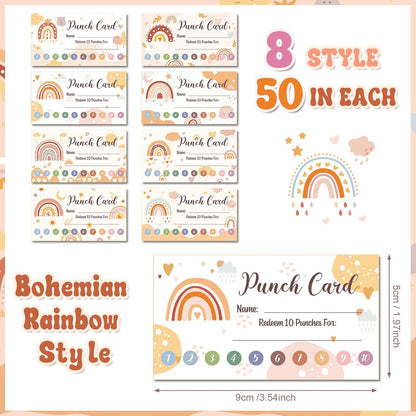 Fumete 400 Pcs Punch Cards for Classroom Reward Cards Behavior Incentive Loyalty Awards for Kids Students Teachers School Business, 8 Styles, 3.5 x 2 in(10 Boho Punches Style)