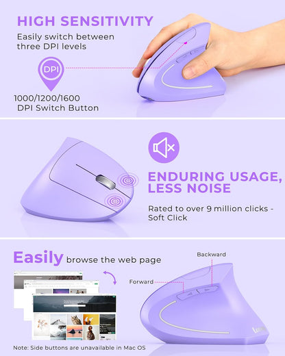 Lekvey Ergonomic Mouse, Vertical Wireless Mouse, Rechargeable 2.4G Optical Carpal Tunnel Mice with USB Receiver: 1000/1200 / 1600 DPI, 6 Buttons, for Laptop, Computer, PC, Desktop, Light Purple