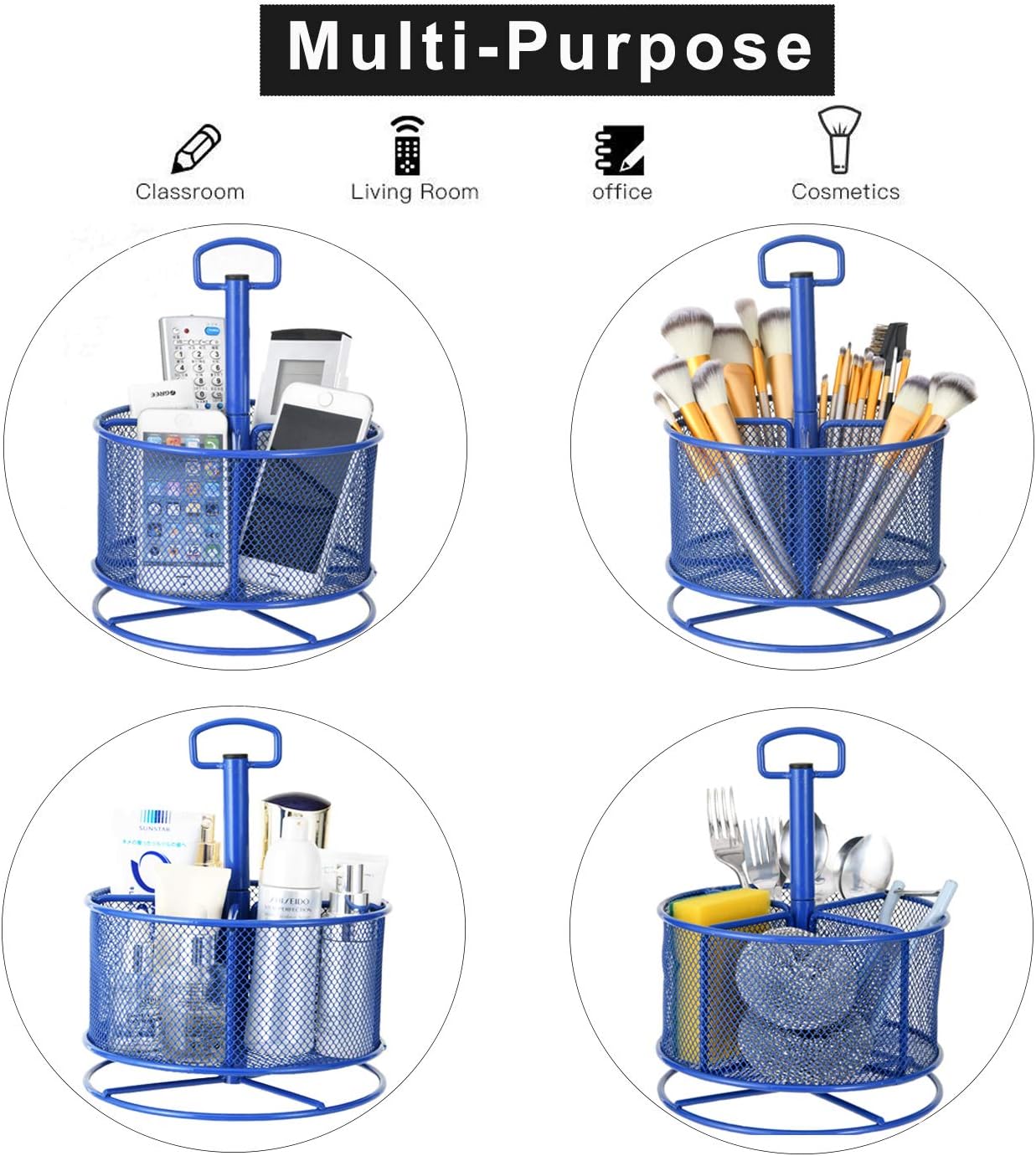 Marbrasse Mesh Desk Organizer, 360-Degree Rotating Multi-Functional Pen Holder, 4 Compartments Desktop Stationary Organizer, Home Office Art Supply Storage Box Caddy (Blue)