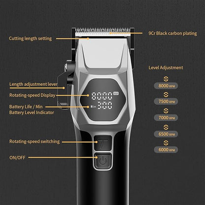 Professional Cordless Hair Clippers for Men - 8000RPM 5-Speed Motor with 440C Black Oxide Blades, Barber Clippers Kit with Charging Dock & 8 Guards,Salon Grade Hair Cutting Set for Barbers