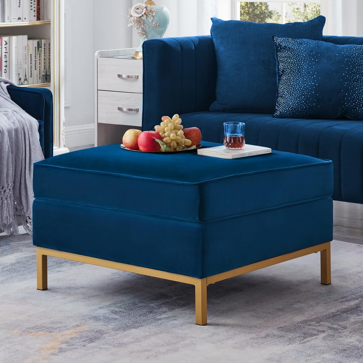 24KF Large Square Couch Ottoman, Velvet Ottoman with Padded Cushion, Large Foot Rest for Living Room - Navy