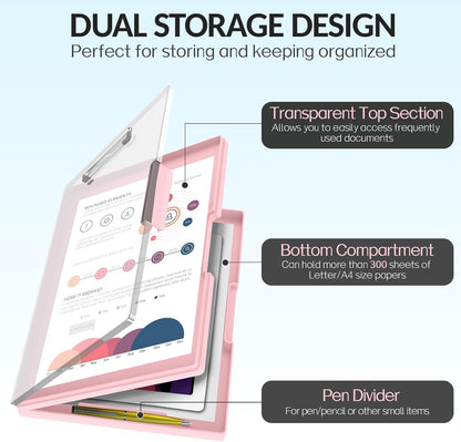 Sooez Clipboard with Storage, Heavy Duty Cleaview Clip Boards 8.5x11 with Dual Storage, Dry Erase Plastic Nursing Clipboard, High Capacity Clipboards Folder for Teacher Nurse, School & Office Supplies