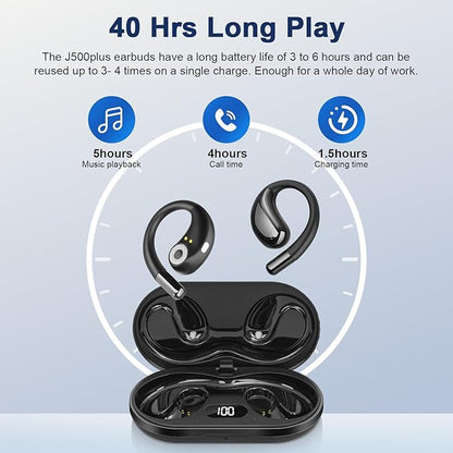 Open Ear Clip Wireless Earbuds Bone Conduction Headphones, Bluetooth 5.4,Open Ear Design,Built-in Mic, IPX5 Waterproof,LED Display Charging Case,Ear Hooks Ear Buds Design for Running Fitness ,Black