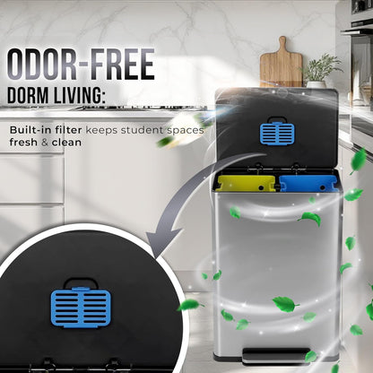 Simpli-Magic 16 Gallon (60L) Step Trash Can – Dual Compartment Kitchen Garbage Can – Waste & Recycling Bins, Slow-Close Lid, Odor Control, Hands-Free, Easy to Clean, Infinity Edge Stainless Steel