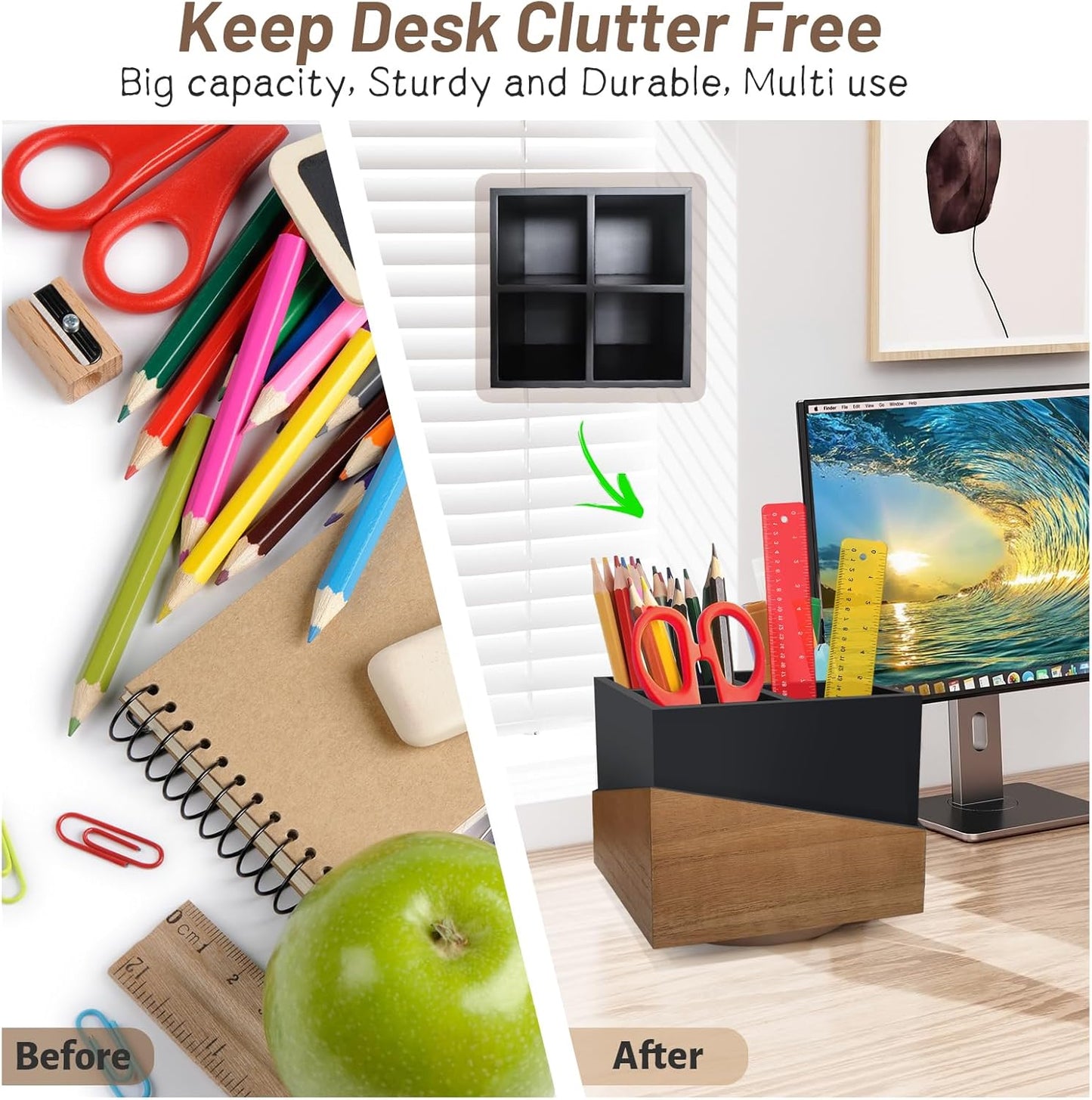 Rotating Pen Holder for Desk, Black Pencil Holder Pen Cup with Wood Grain Veneer, Wooden Desktop Pen Organizer Desk Caddy Organizer for Makeup Brush, Flatware, Remote Control