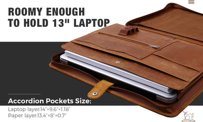 Genuine Leather Business Portfolio Padfolio Folder with Zipper for Men, Men's Leather Padfolio Folder for 13" Laptop, Business Portfolio with Letter Size Notepad, Graduation Gift，Brown
