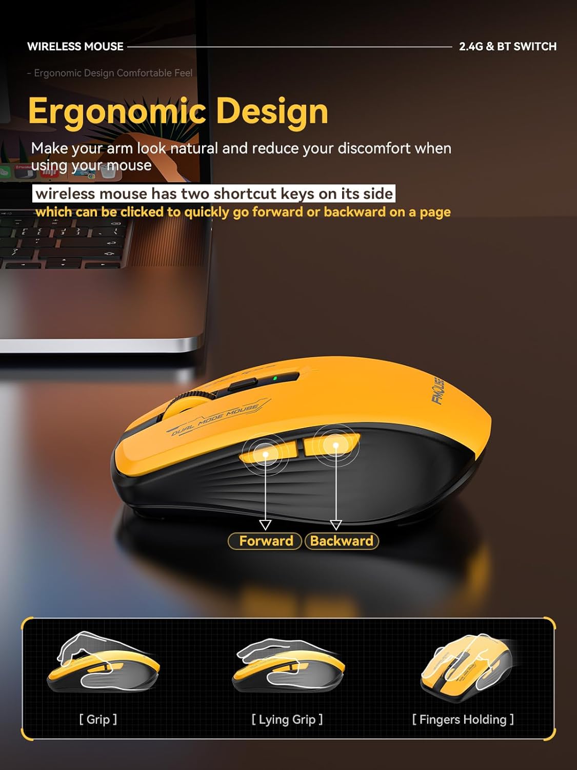 Wireless Mouse (Bluetooth & 2.4GHz USB) with Forward/Backward Side Keys, Silent Click, Ergonomic Portable AA Battery Mice for Laptop/Mac/iPad - Office & Travel Use, Yellow & Black