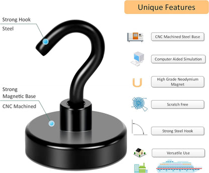 Neosmuk Black Magnetic Hooks, Strong Magnet with Hook for Fridge, Super Neodymium Extra Strength Industrial Hooks for Hanging (Matte Black,4 Pack)
