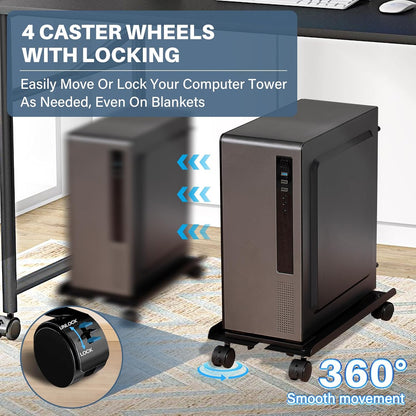 Mobile PC Stand, Adjustable Metal Computer Tower Stand, PC Floor Stand with 4 Locking Caster Wheels, PC Tower Stand, CPU Holder, PC Cart PC Riser Fits Most PC for Gaming Office Desk