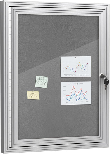 26"x20" Enclosed Bulletin Board, Outdoor Lockable Weather-Resistant Aluminum Cork Noticeboard for School & Office, Silver Frame w/Grey Flet