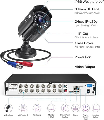 ZOSI 3K Lite 16CH Security Camera System Outdoor with 4TB HDD,AI Human/Vehicle Detection,H.265+ 16Channel 1080P CCTV DVR with 16PCS 1920TVL Surveillance Cameras,Night Vision,for 24/7 Recording
