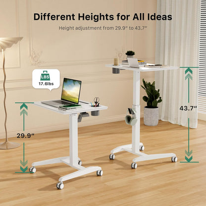 Glass Mobile Standing Desk, Height Adjustable Rolling Laptop Table, 27 inches Portable Sit Stand Desk with Wheels and Hook, Pneumatic Computer Workstation, White
