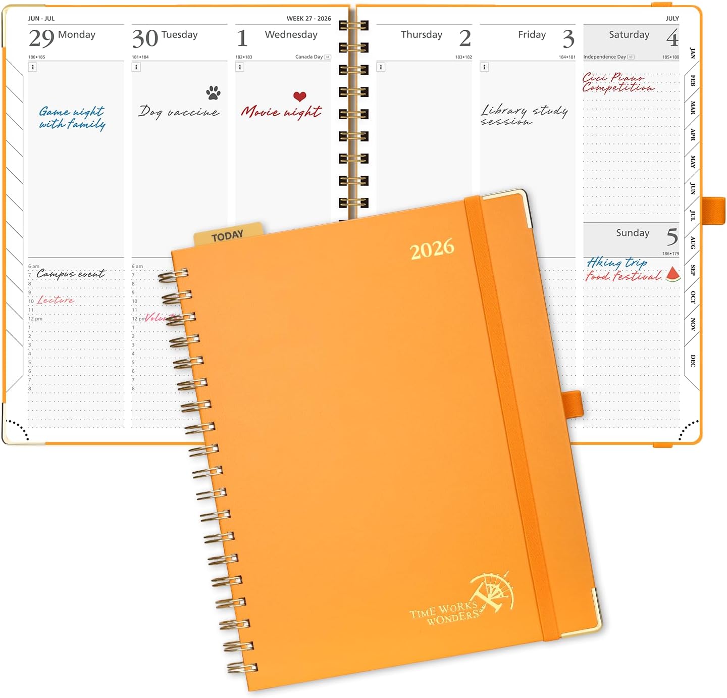 POPRUN 2026 Planner (Large Size 10'' x 8'' Wire-Bound Hard Cover) Daily Weekly and Monthly Calendar - Agenda 2026 (Jan.2026-Dec.2026) with Hourly Schedule, Monthly Tabs - Orange