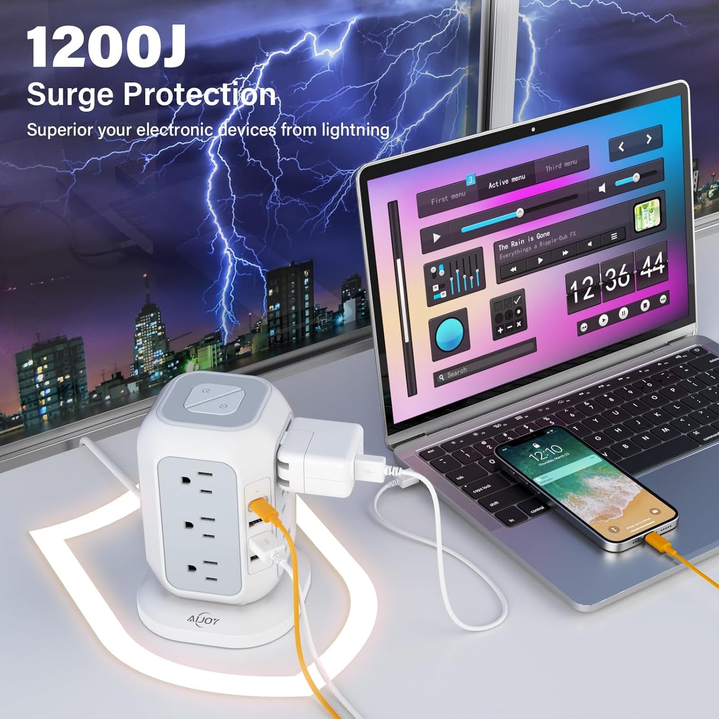 AiJoy Surge Protector Power Strip - 12 AC Outlets, 4 USB Ports (1 USB-C), 10ft Extension Cord, Charging Station with Surge Protection for Home, Office, Dorm
