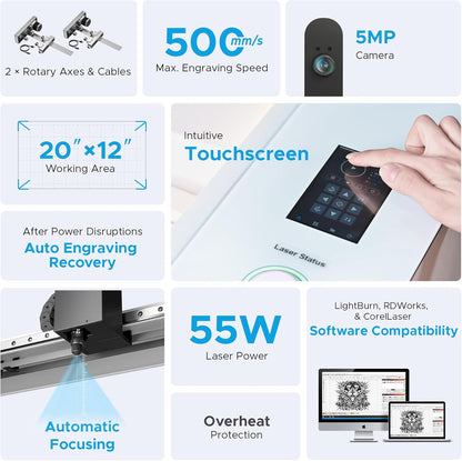 OMTech Polar+ 55W CO2 Laser Engraver Cutter with LightBurn, 20"x12" Work Area, 5MP Camera, Dual Rotary Axes, 500mm/s Speed, with Water Pump, Laser Cutting Machine for Wood Acrylic Glass More