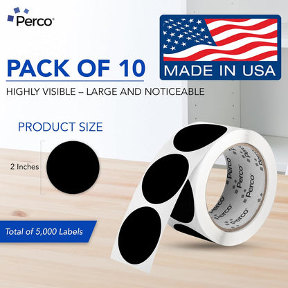 Perco Black 2-Inch Perforated Circle Dot Sticker Labels — 10 Rolls, 5,000 Round Stickers — with Permanent Adhesive for Organizing, Color Coding, Bin Labeling, Packaging Alerts—Made in USA