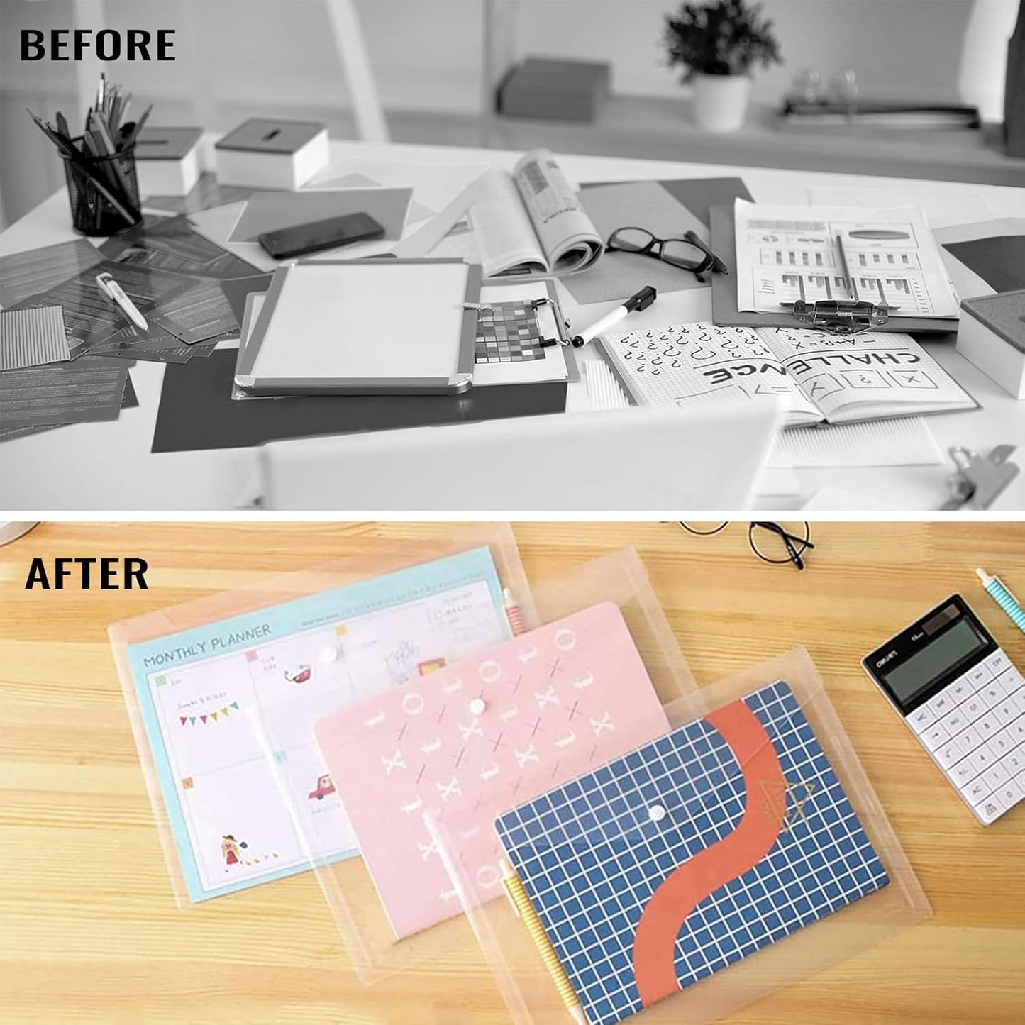 EOOUT 50pcs Plastic Envelopes with Button Snap Closure, Clear Poly Folders for Documents, Waterproof Plastic File Folder, Letter Size, A4 Size, for School and Office Supplies