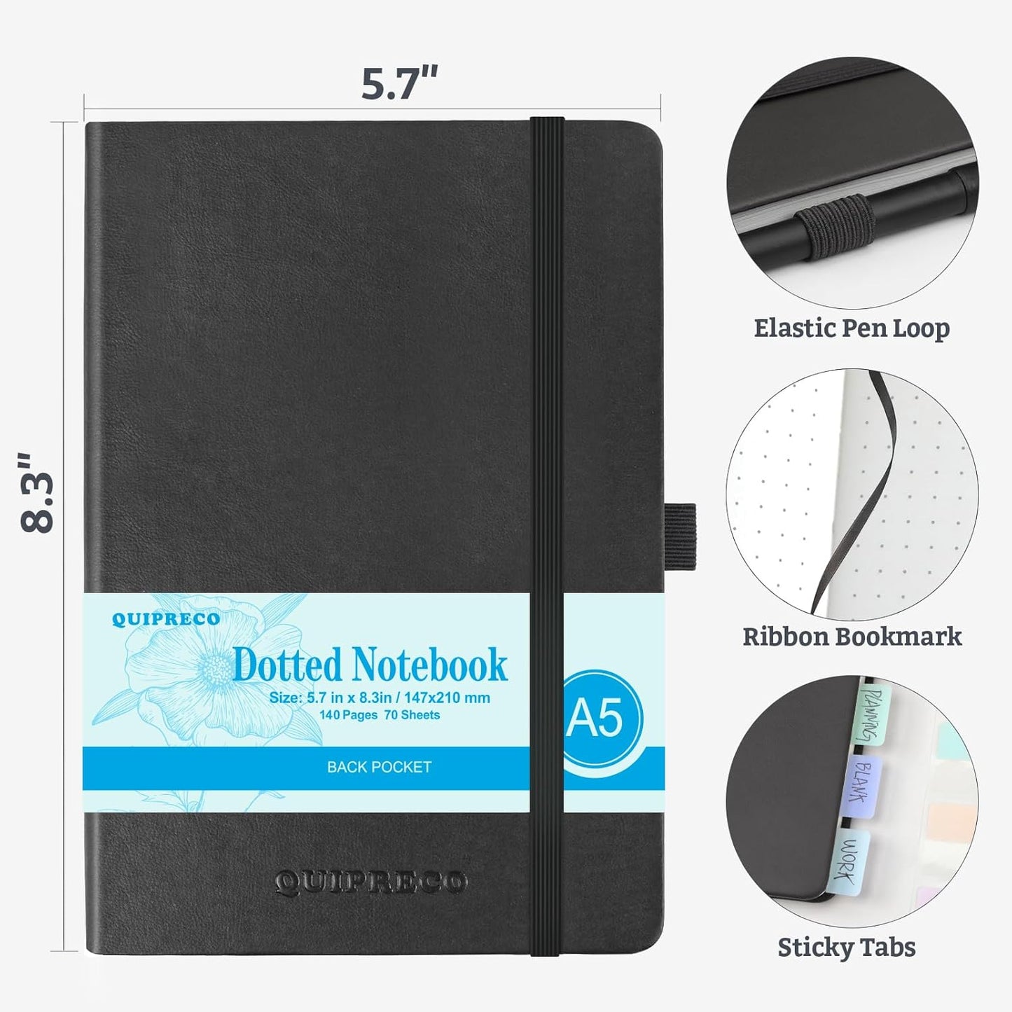 Bullet Dotted Hardcover Journal Notebook, A5 140 Pages 120Gsm Thick Paper for School,Note Taking,Work,Diary，5.7''*8.3'',Black