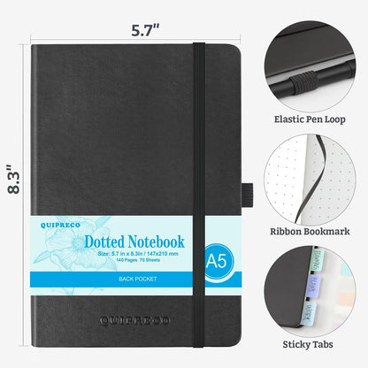 Bullet Dotted Hardcover Journal Notebook, A5 140 Pages 120Gsm Thick Paper for School,Note Taking,Work,Diary，5.7''*8.3'',Black
