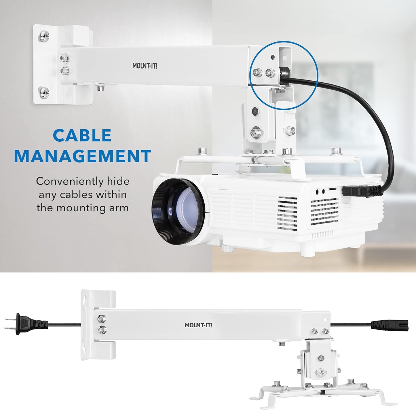 Mount-It! Wall or Ceiling Projector Mount with Universal LCD/DLP Mounting for Epson, Optoma, Benq, ViewSonic Projectors, 44lb Load Capacity, White