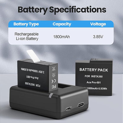 2 Packs 1800mAh Batteries for Insta 360 Action Camera, Compatible with Insta360 Ace Pro 2/Ace Pro/Ace Camera, with Dual Fast Charge Hub