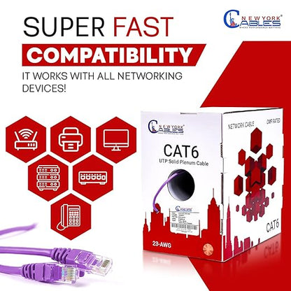 NewYork Cables CAT6 Plenum Cable 1000ft | 100% Solid Bare Copper, UTP, 550MHz, 23AWG, 4Pair 10GB Ethernet Cable, Certified CMP-Rated Bulk Cat 6 for Networking & Gaming (1000ft, Pure Copper,Purple)