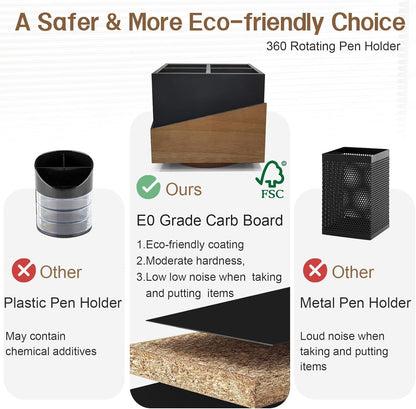 Rotating Pen Holder for Desk, Black Pencil Holder Pen Cup with Wood Grain Veneer, Wooden Desktop Pen Organizer Desk Caddy Organizer for Makeup Brush, Flatware, Remote Control