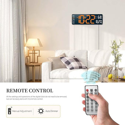 Abovsare Digital Wall Clock for Living Room Decor, Desk Alarm Clock for Bedroom, Large Wall Clock with Remote Control, Automatic Brightness Dimmer LED Clock with Date Temperature Week (Orange-B)