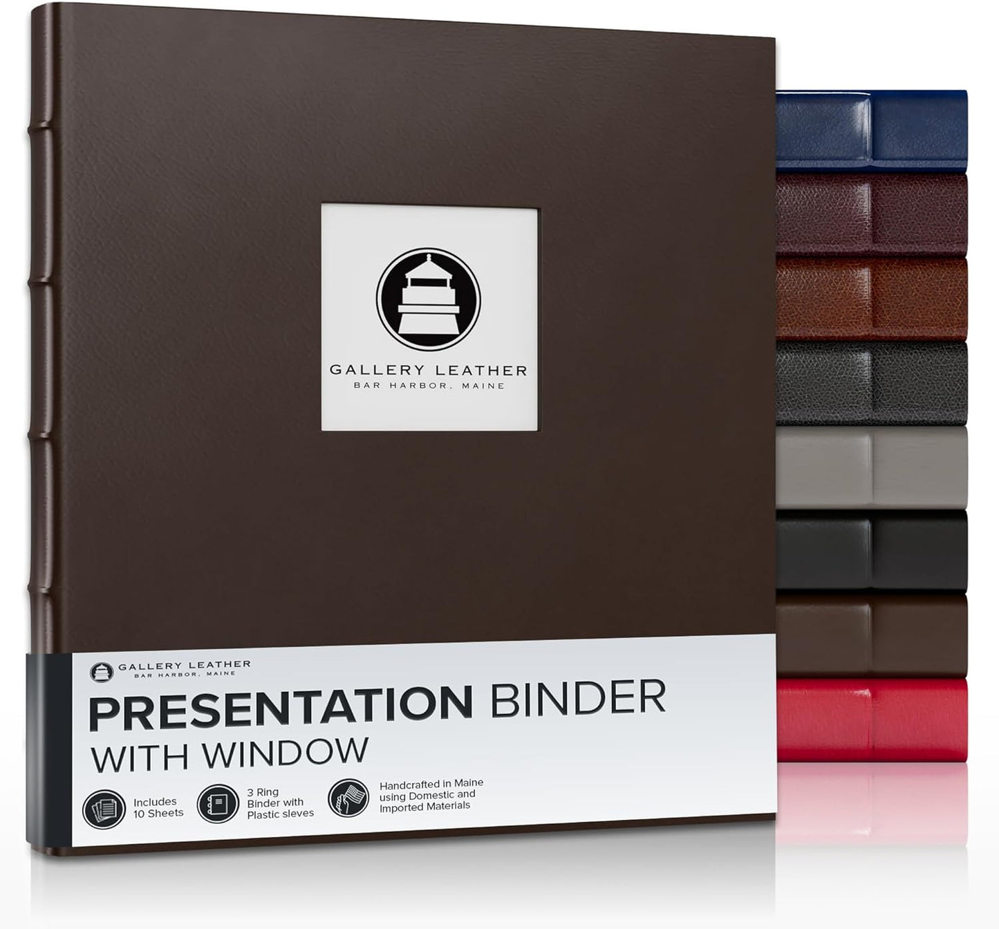 Gallery Leather 3 Ring Binder with Plastic Sleeves, Includes 10 Sheets, Sheet Size: 8.5" x 11" - Presentation Binder Rings with Window and Hubbed Spine, Thick: 1.25" Freeport Mocha