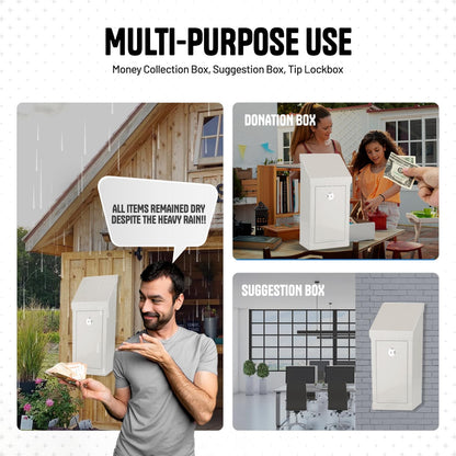 Metal Donation Box-Suggestion Box with Slot and lock-Cash Lock box for Money-Drop Box-Outdoor Waterproof Mailbox and ballot box-comes with pre-drilled holes for easy wall mounting 10 X 6 X 2.5"(White)