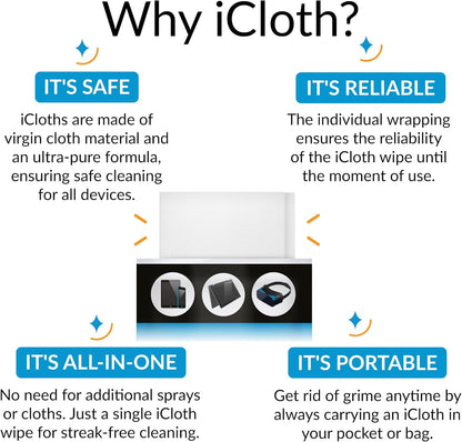 iCloth Large Screen Cleaning Wipes for Electronics, Lint-Free and Streak-Free, Fast-Drying, Removes Dust, Fingerprints, and Smudges (24 Wipes)