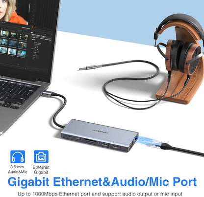 USB C Docking Station Dual Monitor for Dell/HP/Lenovo/Surface Laptop, 14 in 1 Triple Display Hub Multiple Adapter, Dongle with 2 HDMI 4K+VGA+5 Port+100W PD Charger+Ethernet+SD/TF+Audio