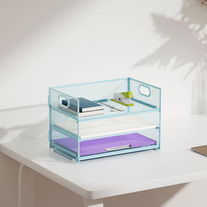 Marbrasse 3 Tier Paper Organizer Letter Tray, Mesh File Organizer with Handle, Paper Sorter Desk Organizer for Home Office Supplies(Blue)