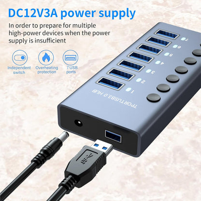 MaxLax 7 Port Aluminum USB 3.0 hub with 7 Port USB Data Transfer,36W (12V/3A) Power Adapter USB Splitter Independent Switch