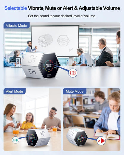 Ticktime Pomodoro Timer Cube, Hexagon Productivity Timer, Pause & Resume, Silent, Vibrate & Adjustable Sound Alert, for ADHD, Task, Work, Study, 5/15/25/30/45/60min & Custom Countdown, Silver