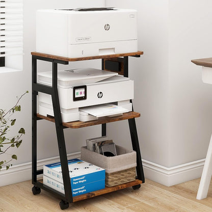 Natwind 19.7"x15.7" Printer Stand,3 Tier Printer Table with Charging Station, Rolling Cart with Adjustable Storage Shelf for Home Office Organization, Stand for Heat Press,3D Printer (Retro)