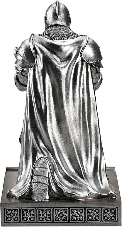 Medieval Armored Warrior Wearing Outerwear, Mobile Phone Stand Knight Pen Holder Desk Organizers, Resin Bookends Paperweight with a Letter Opener for Desk (Silver)