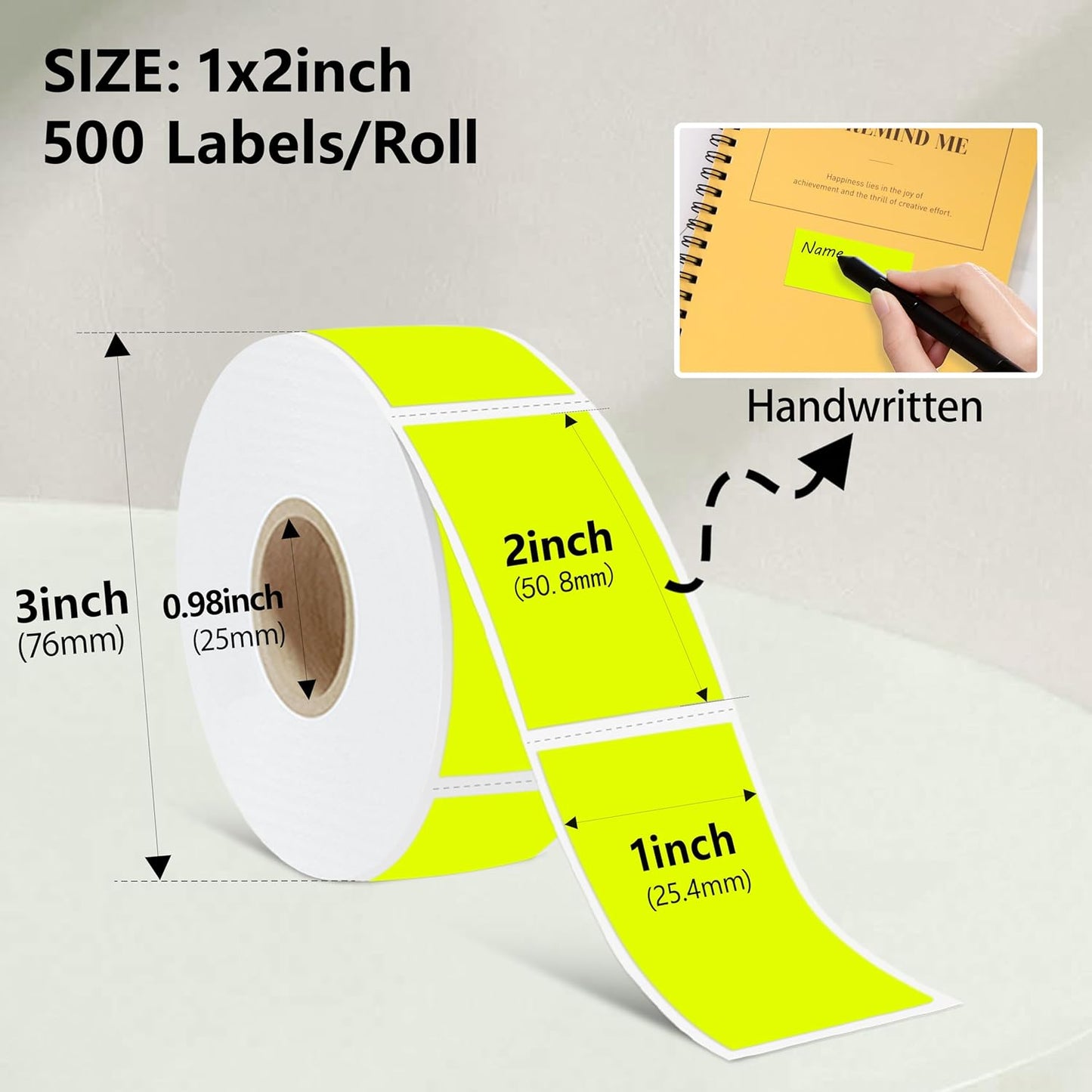1x2 inch Label Stickers Roll for Thermal Printer 500PCS Colored Removable Freezer Labels Waterproof Blank Sticker Labels to Write on for Food Containers and Jars, Fluorescent Yellow