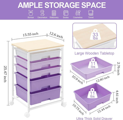 Utility Cart with 5 Drawers,Storage Drawer Cart with Wooden Tabletop and Lockable Wheels,Craft Storage Trolley Cart,5-Tier Rolling Utility Cart on Wheels,Purple