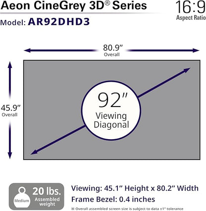 Elite Screens Aeon CineGrey 3D, 92" Fixed Frame CLR/ALR Projector Screen 16:9, Standard Throw Projection, Edge Free Ceiling & Ambient Light Rejecting, Wall-Mounted, for Movie Home Theater, AR92DHD3