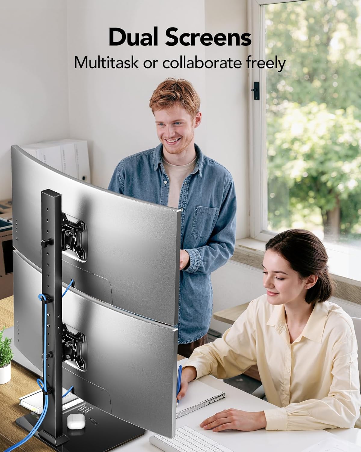 HUANUO Dual Monitor Stand, Vertical Monitor Mount for Two Screens 13 to 34 Inch, Freestanding Monitor Riser with Swivel, Tilt, Rotation and 13 Height Settings, Max Load 44 lbs, Max VESA 100x100