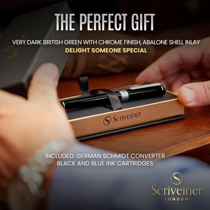 Scriveiner Black Green Fountain Pen - Stunning Luxury Pen with Chrome Finish, Schmidt Nib (Fine), Best Pen Gift Set for Men & Women, Professional, Executive, Office, Nice Pens